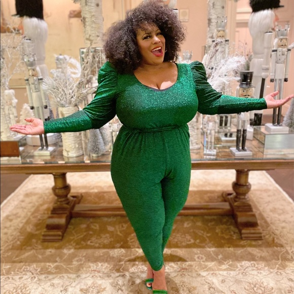 Eloquii Pants - Eloquii Green Glitter long sleeve Jumpsuit